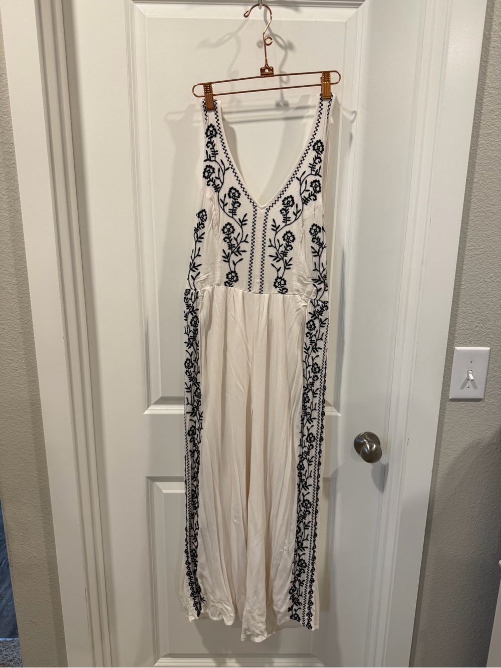 Women’s White Embroidered Maxi jumpsuit with black Floral Trim